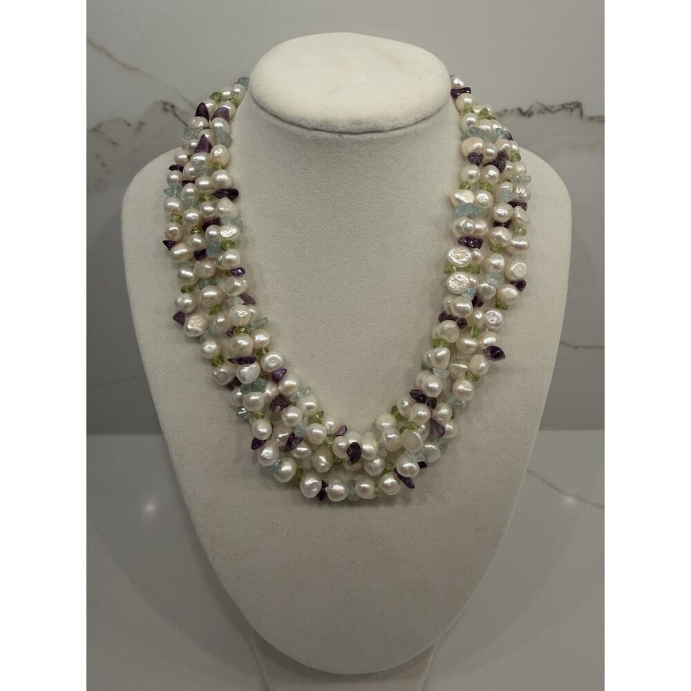 Ross-Simons Multicolored Pearl & Gemstone Torsade Necklace W/ 925 Silver Clasp